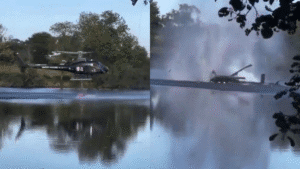 Helicóptero cai em lago enquanto busca água para combater incêndio na França; veja vídeo