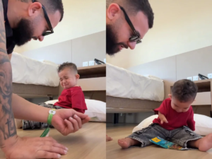 Pai ensina o filho que nasceu sem os braços a superar desafios