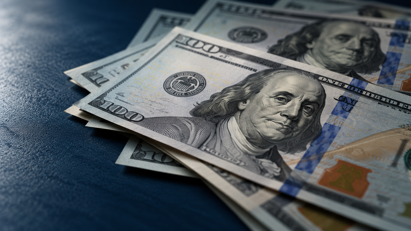 Ilustração de cédulas de dólar americano sobre uma superfície azul.